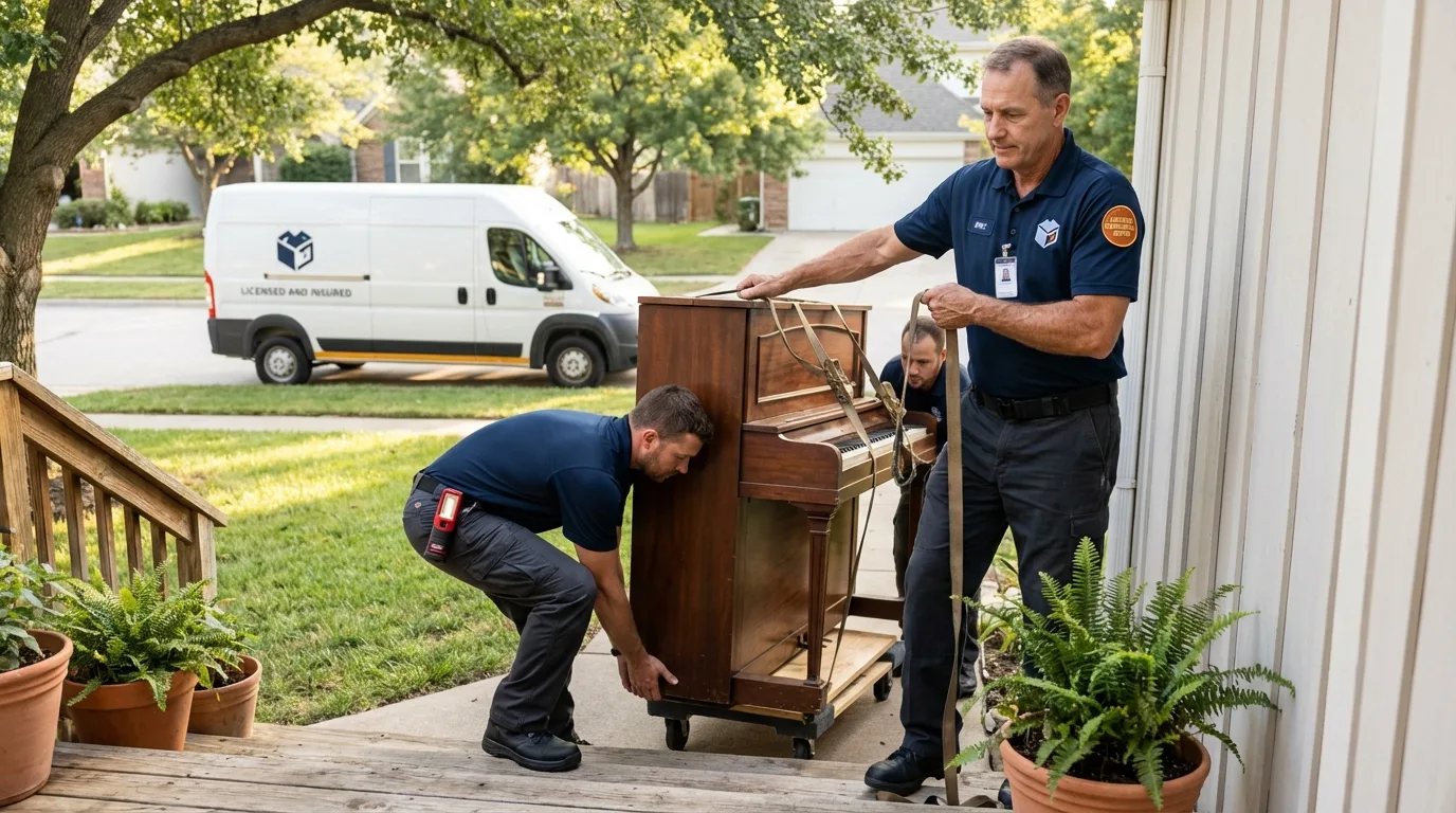 Licensed piano movers securing grand piano in Belhaven, NC