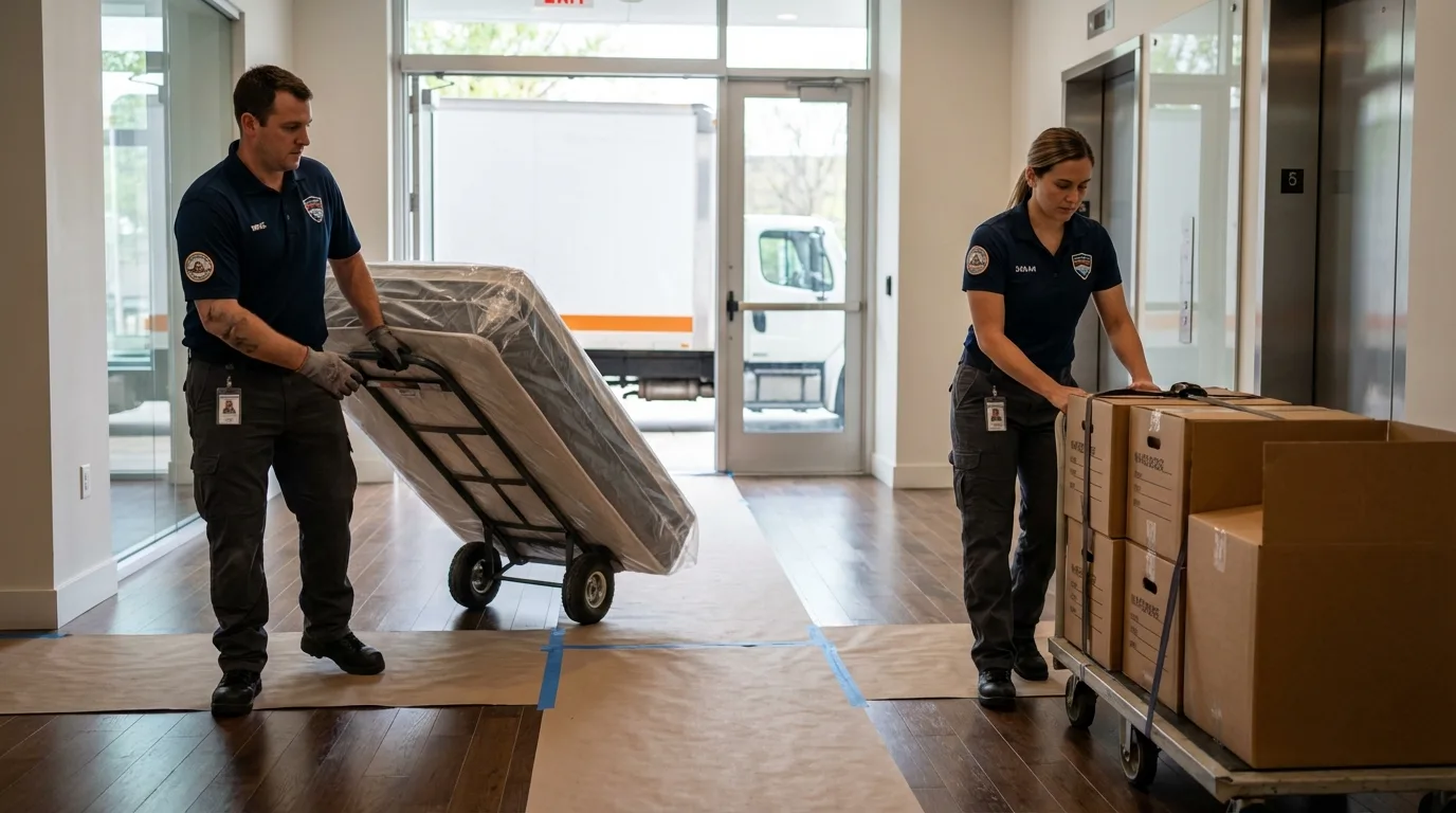 Professional apartment movers loading elevator in Belhaven, NC